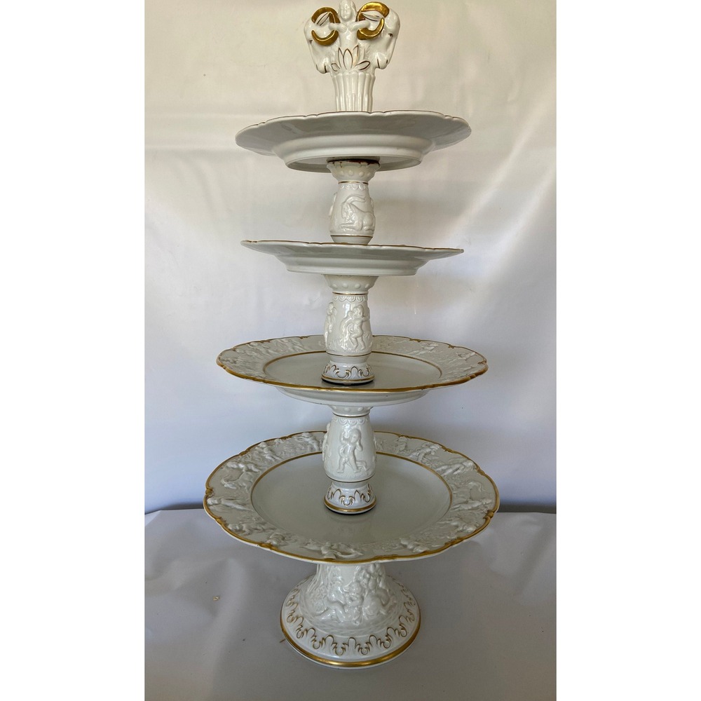 Capodimonte 4 tier cake stand ram head handle gold trim